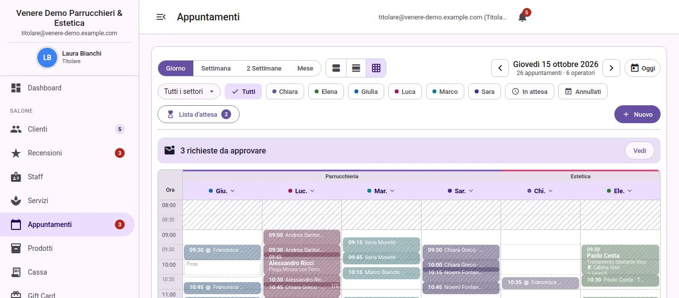 Il gestionale VenusTrama: agenda del giorno con una colonna per operatore