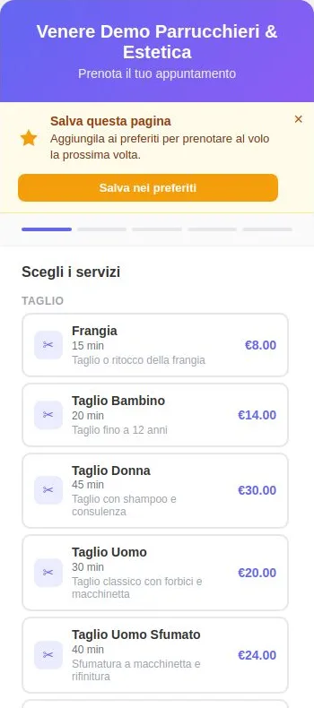 Prenotazione online dal telefono: scelta dei servizi